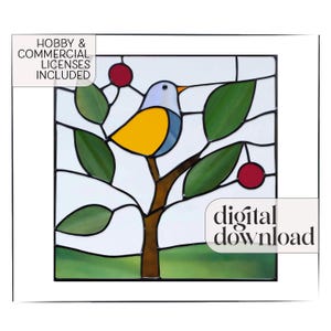 Mid Century Bird in a Tree Stained Glass Pattern Template (PDF & PNG)
