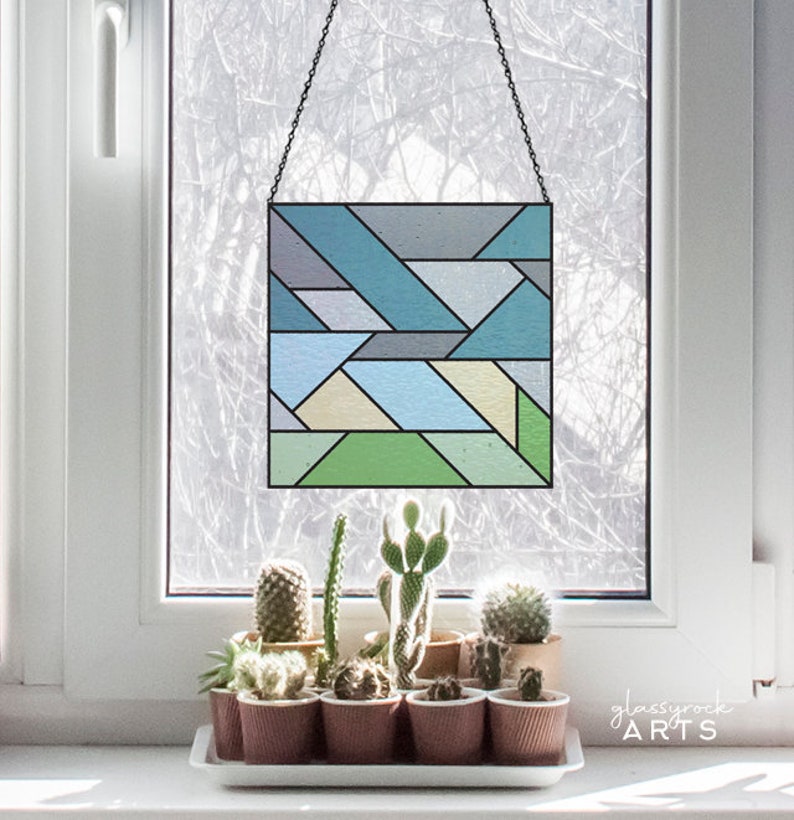 beginner square stained glass geometric pattern, modern stained glass, digital pattern download, stain glass suncatcher image 2