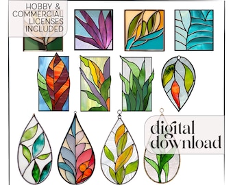Stained Glass Leaf Patterns: Modern Sun Catcher Designs (PNG & PDF Download)