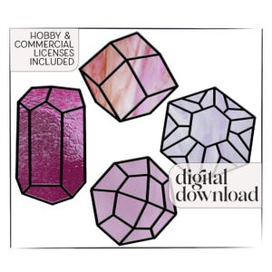 Modern Beginner Stained Glass Crystal Gem Patterns with PNGs, instant PDF download - printable pattern, four easy glass patterns in one pack
