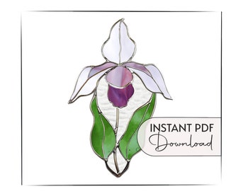 Stained Glass Lady Slipper Orchid Pattern, printable pattern, orchid template, suncatcher stain glass pattern for lady slipper orchid flower