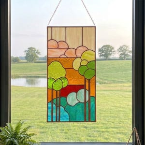 Art Nouveau Landscape Stained Glass Pattern: Sunset Forest Suncatcher SVG, PNG & PDF Digital Download