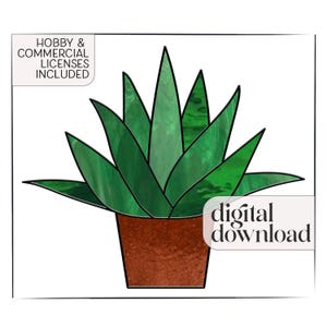 Beginner Stained Glass Plant Pattern & PNG, cactus stained glass digital pattern to download, agave succulent plant pot stain glass pattern