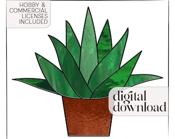 Beginner Stained Glass Plant Pattern & PNG, cactus stained glass digital pattern to download, agave succulent plant pot stain glass pattern