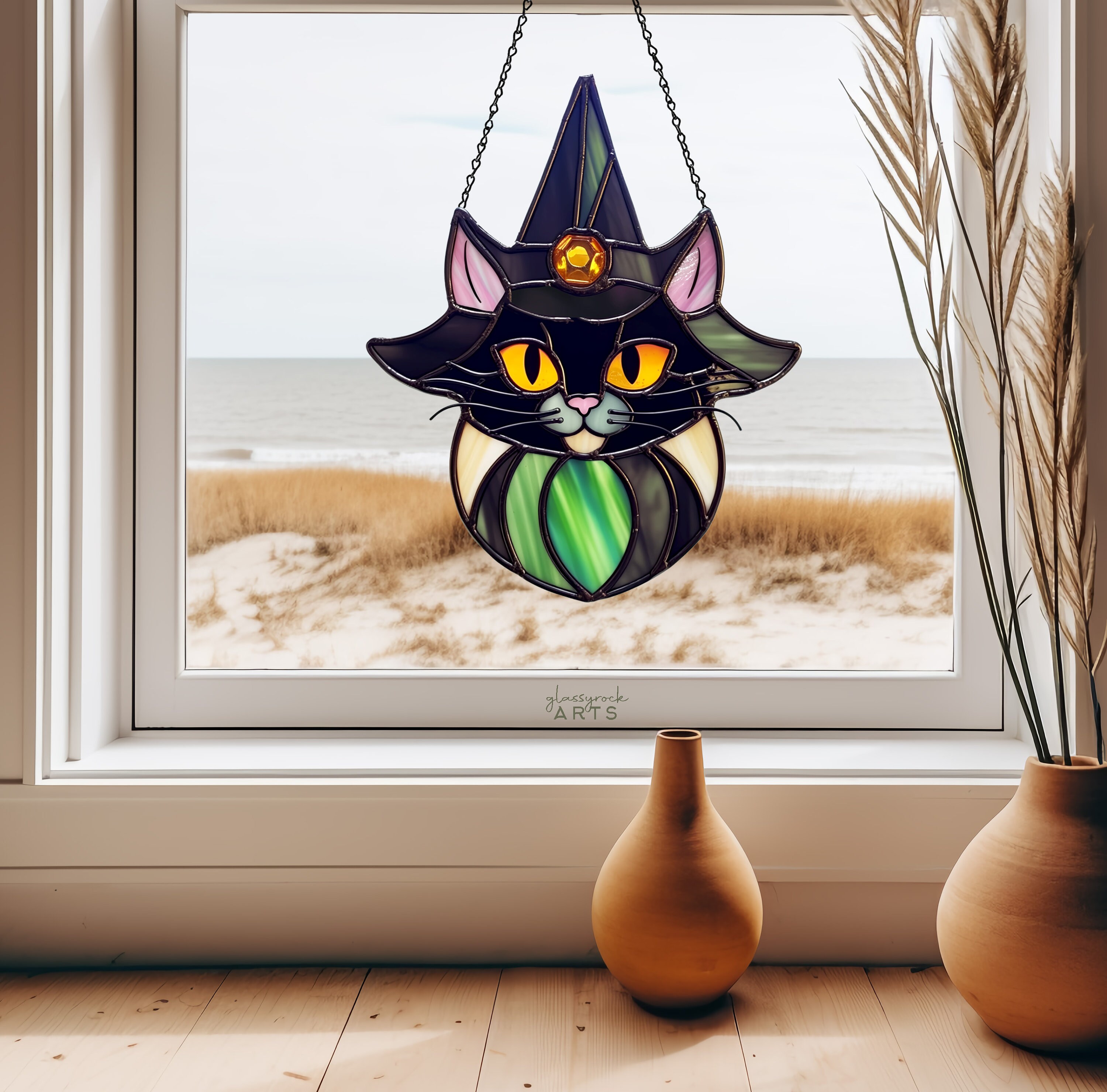Cat Witch Stained Glass Pattern: Halloween Suncatcher (PDF & PNG) - Etsy UK