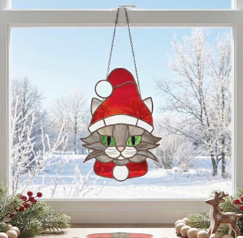 Santa Cat Stained Glass Pattern: Christmas Suncatcher Design (PDF & PNG) image 11