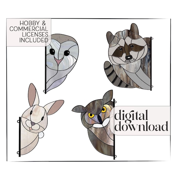 Stained Glass Animal Patterns: Owls, Raccoon, Rabbit Suncatchers (PNG & PDF Downloads)