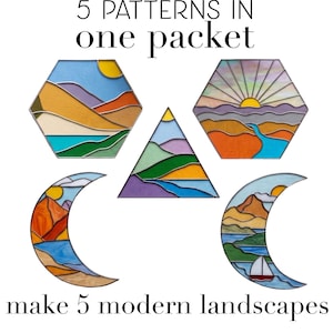May include: Five stained glass patterns in one packet to make 5 modern landscapes. The image displays two hexagons, one triangle, and two crescent moon shapes, each featuring colourful landscape scenes with suns, hills, water, and a sailing boat.