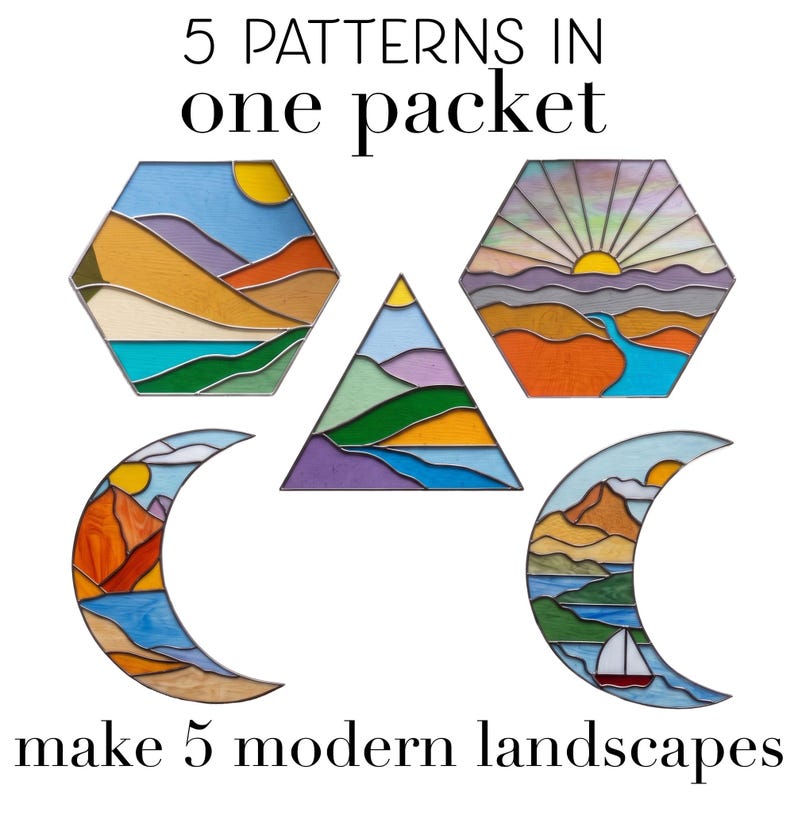May include: Five stained glass patterns in one packet to make 5 modern landscapes. The image displays two hexagons, one triangle, and two crescent moon shapes, each featuring colourful landscape scenes with suns, hills, water, and a sailing boat.