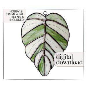 Stained Glass Leaf Pattern, philodendron stained glass digital pattern to download, stain glass leaf suncatcher template