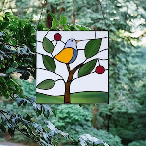 Mid Century Bird in a Tree Stained Glass Pattern Template (PDF & PNG)