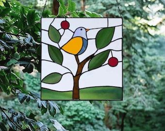 Mid Century Vogel in einem Baum Glasmalerei-Mustervorlage (PDF & PNG)