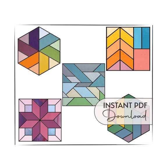 Geometric Patterns for Stained Glass, 5 Modern Stained Glass Patterns, Easy  Stained Glass Designs for Beginners, Square and Hexagon Designs 