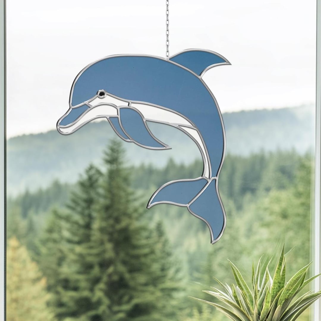 ステンドグラスのイルカ模様：シンプルなサンキャッチャー（PNG および