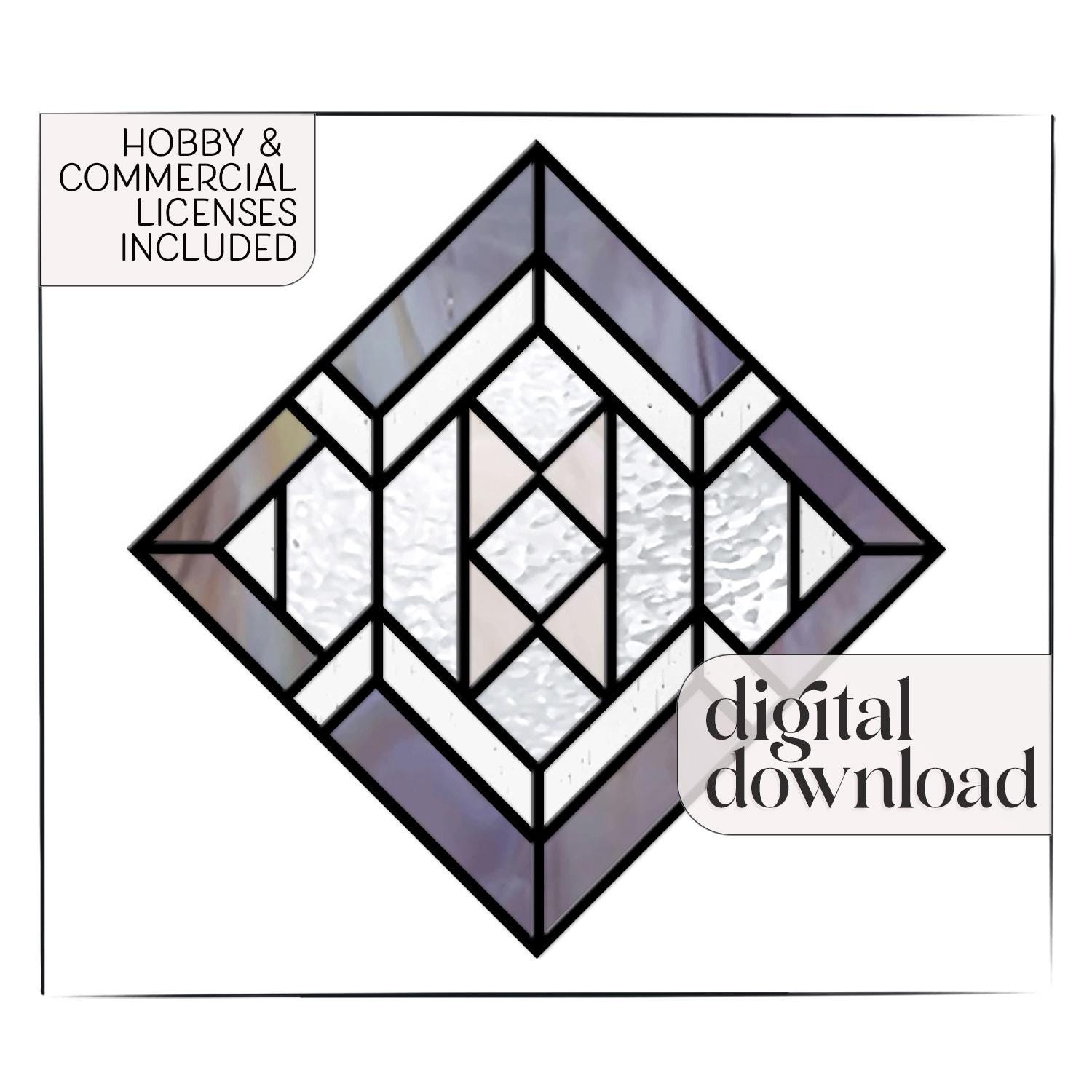 初心者向けステンドグラスパターン：正方形の幾何学模様のサンキャッチャー（PDF & PNG）