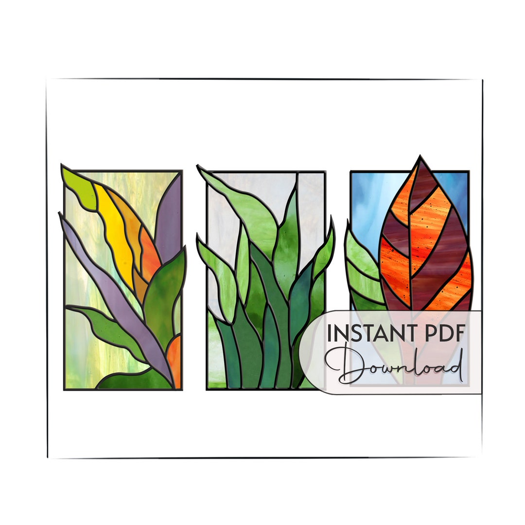 Modern Stained Glass Plant Patterns, 3 Printable Tropical Plant Stain Glass Patterns, Stained