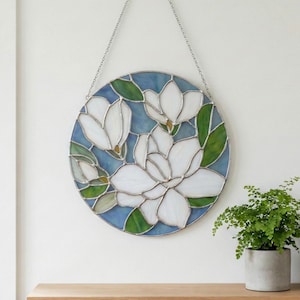 Patrón de vitral de magnolia: Plantilla de atrapasol de flores redondas (PDF y PNG)