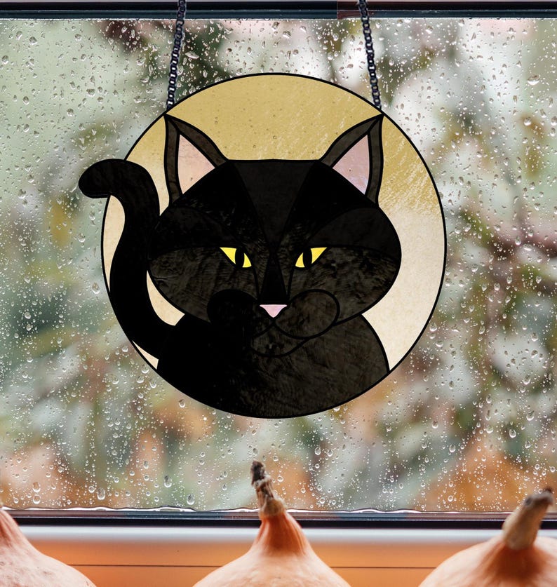 Halloween Cat Stained Glass Pattern: Full Moon Suncatcher PDF & PNG - Etsy