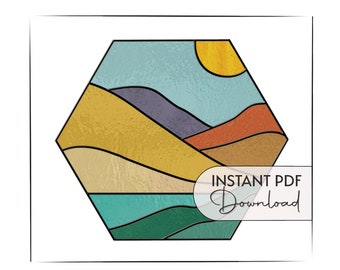Hexagon Landscape Stained Glass Pattern, modern stained glass suncatcher, digital pattern to download, stain glass pattern for suncatcher