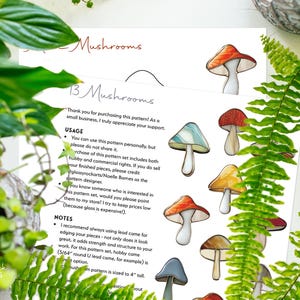 May include: A digital download pattern for 13 different mushroom designs. The mushrooms are illustrated in watercolor style with various colors and patterns. The pattern is sized to 4 inches tall. The text on the page reads "13 Mushrooms" and includes usage and notes for the pattern.