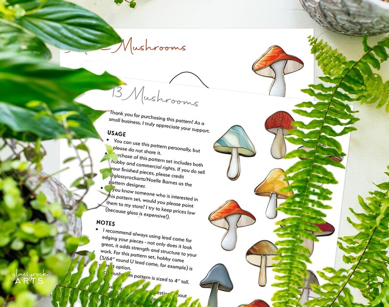 May include: A digital download pattern for 13 different mushroom designs. The mushrooms are illustrated in watercolor style with various colors and patterns. The pattern is sized to 4 inches tall. The text on the page reads "13 Mushrooms" and includes usage and notes for the pattern.