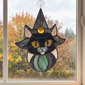 Katze Hexe Buntglas Muster: Halloween Suncatcher (PDF & PNG)