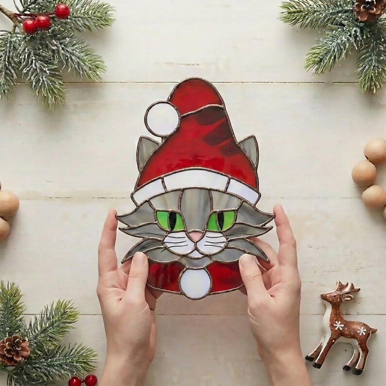 Santa Cat Stained Glass Pattern: Christmas Suncatcher Design (PDF & PNG) image 2
