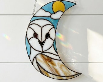 Crescent Moon Owl Stained Glass Pattern: Crescent Suncatcher (PDF & PNG)