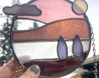 Handmade Stained Glass Landscapes • One-of-a-Kind Layered Sun and Moon, Clouds, Trees • Modern and Boho Stained Glass Designs