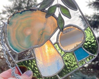 Mushroom Buds • Agate Slices and Layered Stained Glass Suncatcher • Boho Suncatcher • Handmade Light Catcher