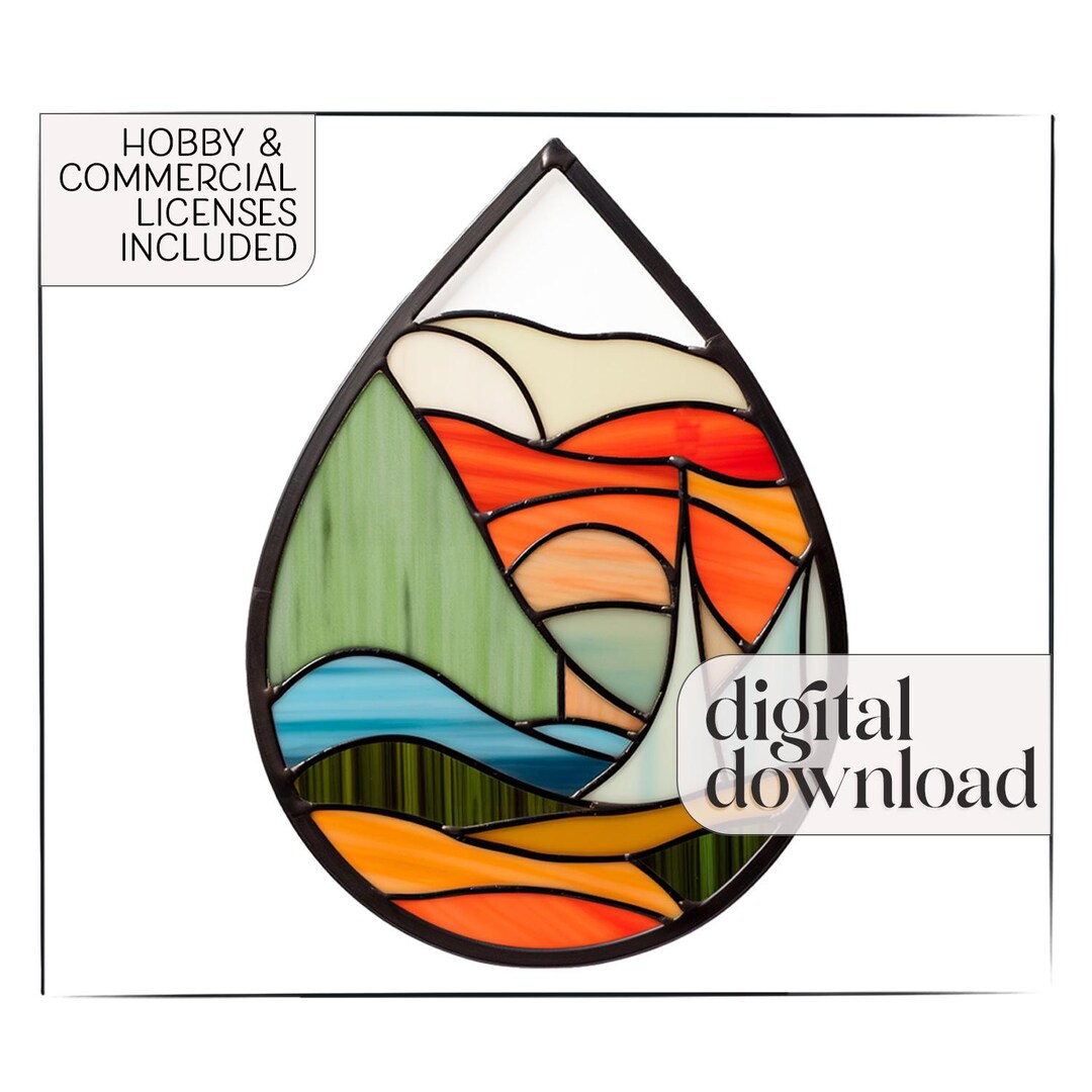 Abstract Landscape Stained Glass Pattern + PNG, Teardrop Stained Glass ...