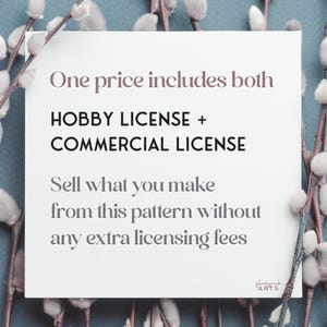 Op de afbeelding: Een witte kaart met de tekst "One price includes both HOBBY LICENSE + COMMERCIAL LICENSE Sell what you make from this pattern without any extra licensing fees" en de tekst "glassyrock ARTS" in roze.