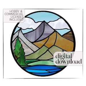 Mountain Landscape Stained Glass Pattern: Round Suncatcher Design (PNG & PDF Digital Download)
