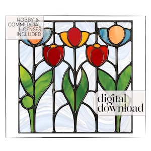 Prairie Stained Glass Tulip Pattern plus PNG, printable flower stained glass patterns, stained glass suncatcher, tulip stained glass flower