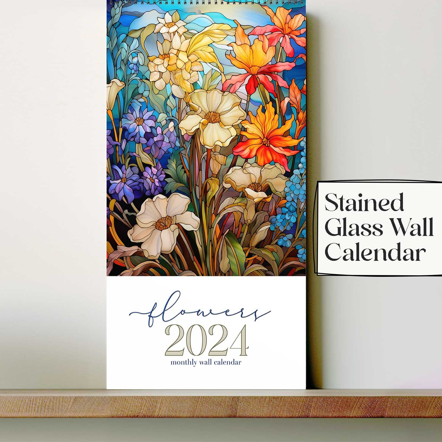 2024-wall-calendar-stained-glass-flowers-month-at-a-glance-large-wall-calendar-2024-floral-gift-with-free-shipping-etsy