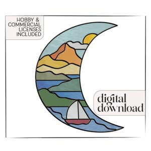 Crescent Landscape Stained Glass Pattern & PNG, digital pattern to download, stain glass pattern, moon stained glass pattern sun catcher