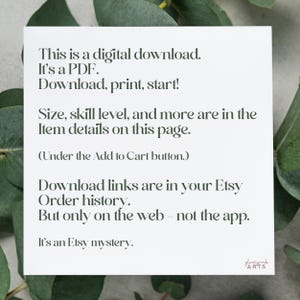 May include: Text on a white background with a green leafy border. The text reads: "This is a digital download. It's a PDF. Download, print, start! Size, skill level, and more are in the item details on this page. (Under the Add to Cart button.) Download links are in your Etsy Order history. But only on the web - not the app. It's an Etsy mystery. glassyrock ARTS"