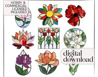 Stained Glass Flower Pattern Pack: Magnolia, Rose, Poppy, Tulip (PNG & PDF Download)