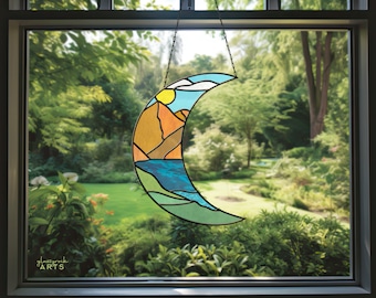 Crescent Moon Landscape Stained Glass Pattern PDF & PNG