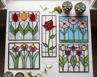 Prairie Flowers Stained Glass Pattern Bundle, Arts & Crafts Style (PDF, SVG, PNG)