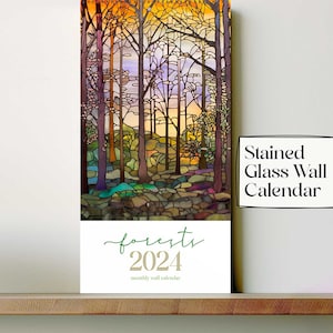 2024 Wall Calendar, Stained Glass Forests, Month At A Glance, Large Wall Calendar, Gift For Couple, Gift With Free Shipping