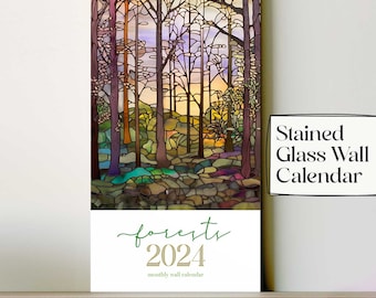 2024 Wall Calendar, Stained Glass Forests, Month At A Glance, Large Wall Calendar, Gift For Couple, Gift With Free Shipping