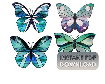 butterfly stained glass patterns, digital patterns to download, 4 suncatcher stain glass butterfly patterns for window hangings, value pack
