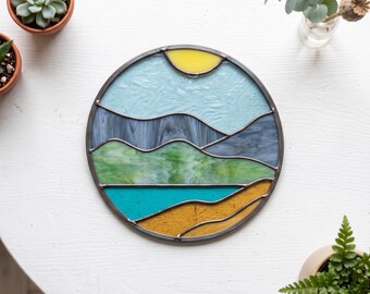 Round Landscape Stained Glass Pattern: Modern Suncatcher Design PDF & PNG