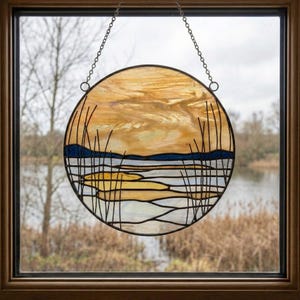 Winter Marsh Stained Glass Pattern: Modern Landscape Suncatcher (PNG & PDF Download)