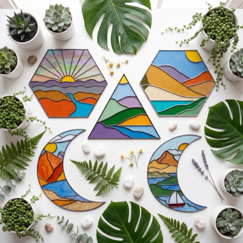 May include: Five stained glass suncatchers in geometric shapes including hexagons, a triangle, and two crescents. The designs feature colourful landscapes with mountains, rivers, suns, and a sailboat, all outlined in dark metal solder lines.
