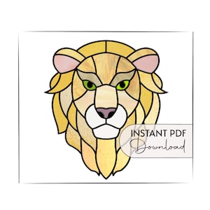 Lion Stained Glass Pattern, digital download, modern stained glass lion head, lion artwork, big cat art, stain glass lion suncatcher