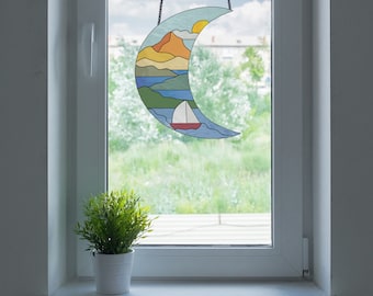Crescent Moon Landscape Stained Glass Pattern PDF & PNG