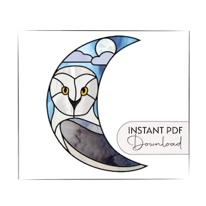 Moon Owl Stained Glass Pattern, digital pattern to download, crescent moon stained glass suncatcher, snowy owl pattern, stain glass patterns