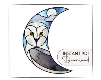 Moon Owl Stained Glass Pattern, digital pattern to download, crescent moon stained glass suncatcher, snowy owl pattern, stain glass patterns